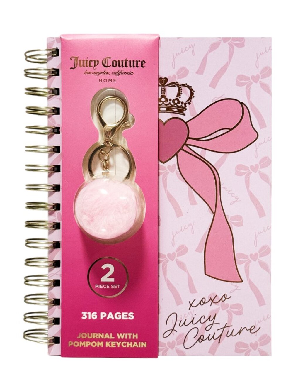 Juicy Couture XOXO Bow Blush Spiral Notebook with Pom Keychain